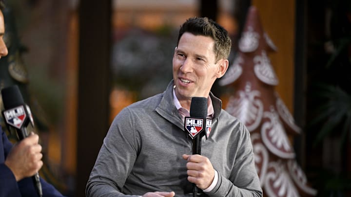Dec 9, 2024; Dallas, TX, USA; Boston Red Sox chief baseball officer Craig Breslow speaks with the media 
at the Hilton Anatole during the 2024 MLB Winter Meetings. Mandatory Credit: Jerome Miron-Imagn Images