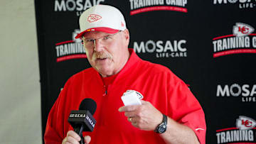 Jul 22, 2025; St. Joseph, MO, USA; Kansas City Chiefs head coach Andy Reid speaks to media after training camp at Missouri Western State University. Mandatory Credit: Denny Medley-Imagn Images