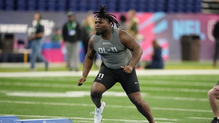 Feb 29, 2024; Indianapolis, IN, USA; Texas A&M defensive lineman McKinnley Jackson (DL11) works out during the 2024 NFL Combine at Lucas Oil Stadium. Mandatory Credit: Kirby Lee-USA TODAY Sports