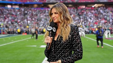 FOX Sports reporter Erin Andrews on the sideline before Super Bowl LVII at State Farm Stadium.