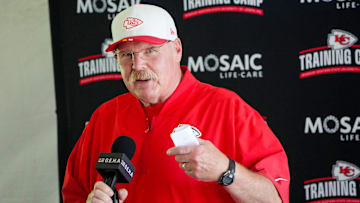 Jul 22, 2025; St. Joseph, MO, USA; Kansas City Chiefs head coach Andy Reid speaks to media after training camp at Missouri Western State University. Mandatory Credit: Denny Medley-Imagn Images
