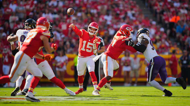 Sep 28, 2025; Kansas City, Missouri, USA; Kansas City Chiefs quarterback Patrick Mahomes (15) throws a pass during the first half against the Baltimore Ravens at GEHA Field at Arrowhead Stadium. Mandatory Credit: Jay Biggerstaff-Imagn Images Sep 28, 2025; Kansas City, Missouri, USA; Kansas City Chiefs quarterback Patrick Mahomes (15) throws a pass during the first half against the Baltimore Ravens at GEHA Field at Arrowhead Stadium. Mandatory Credit: Jay Biggerstaff-Imagn Images