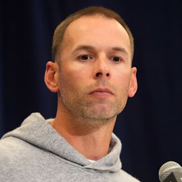 Feb 25, 2025; Indianapolis, IN, USA; Arizona Cardinals coach Jonathan Gannon speaks during the NFL Scouting Combine at the Indiana Convention Center. Mandatory Credit: Kirby Lee-Imagn Images