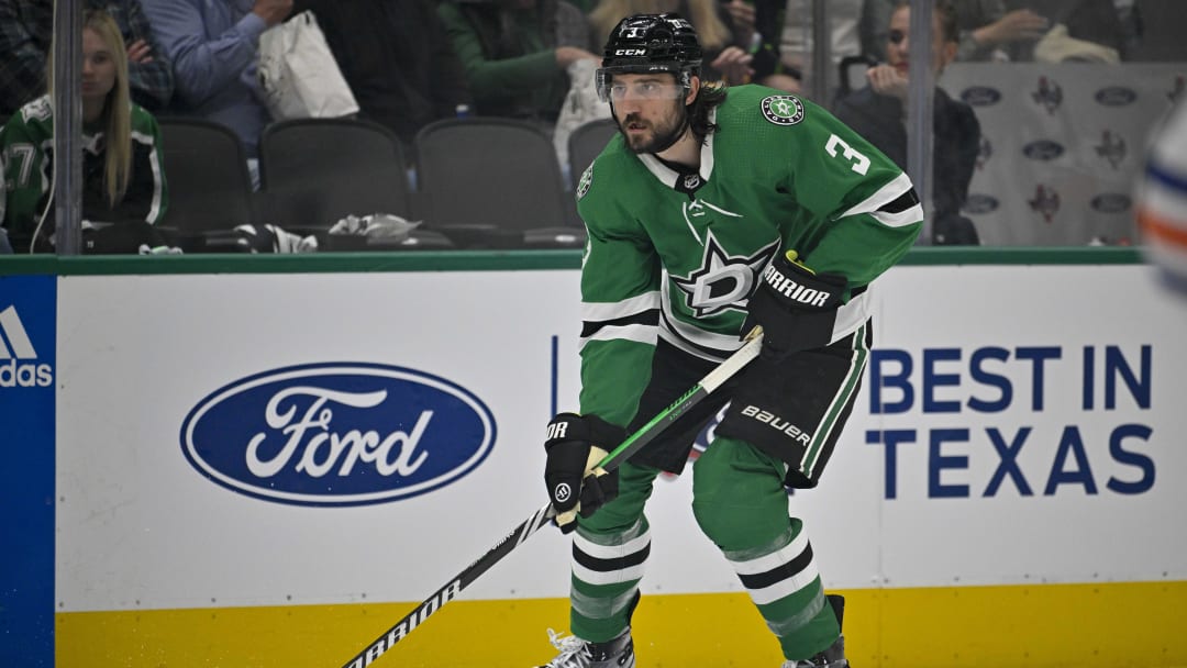 May 23, 2024; Dallas, Texas, USA; Dallas Stars defenseman Chris Tanev (3) skates against the Edmonton Oilers during the second period in game one of the Western Conference Final of the 2024 Stanley Cup Playoffs at American Airlines Center. Mandatory Credit: Jerome Miron-USA TODAY Sports