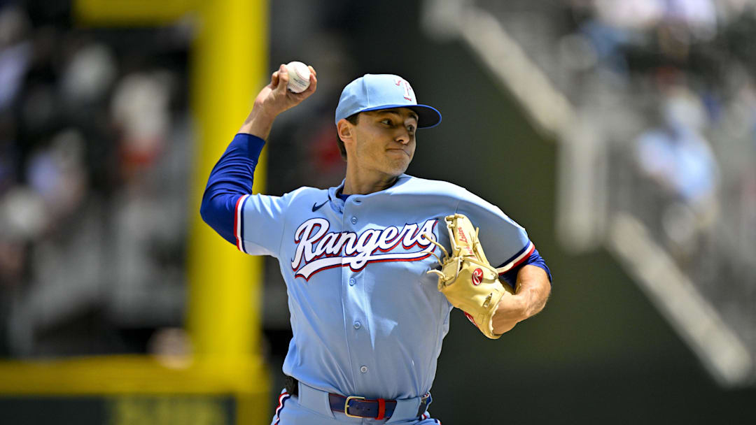 Apr 5, 2026; Arlington, Texas, USA; Texas Rangers starting pitcher Jack Leiter (22) pitches against the Cincinnati Reds during the first inning at Globe Life Field. Mandatory Credit: Jerome Miron-Imagn Images