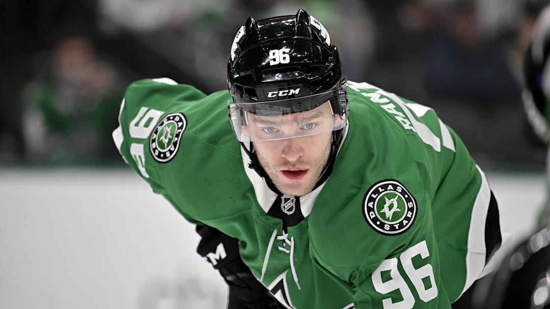 Mar 18, 2025; Dallas, Texas, USA; Dallas Stars right wing Mikko Rantanen (96) during the second period against the Anaheim Ducks at the American Airlines Center. Mandatory Credit: Jerome Miron-Imagn Images