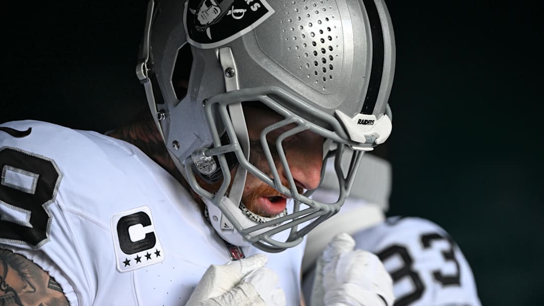 Dec 14, 2025; Philadelphia, Pennsylvania, USA; Las Vegas Raiders defensive end Maxx Crosby (98) in the tunnel against the Philadelphia Eagles at Lincoln Financial Field. Mandatory Credit: Eric Hartline-Imagn Images