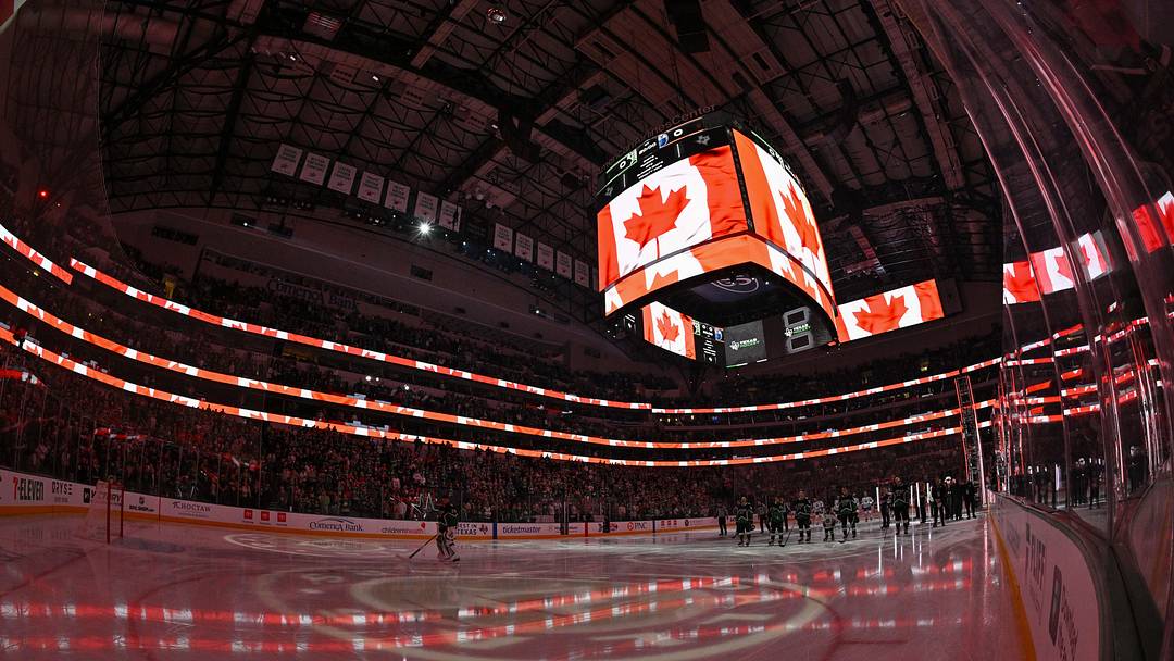 Mar 12, 2026; Dallas, Texas, USA; A view of the rink and the ice and the flag of Canada before the game between the Stars and the Oilers at the American Airlines Center. Mandatory Credit: Jerome Miron-Imagn Images