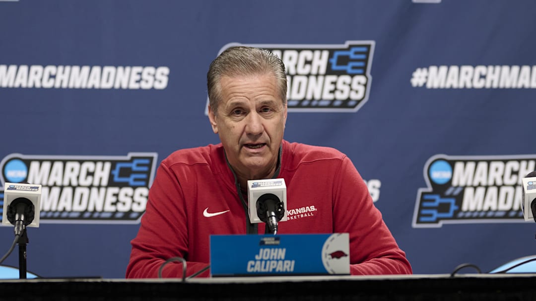 Mar 18, 2026; Portland, OR, USA; Arkansas Razorbacks head coach John Calipari answers questions during a press conference before a practice session ahead of the first round of the men's 2026 NCAA Tournament at Moda Center. Mandatory Credit: Troy Wayrynen-Imagn Images