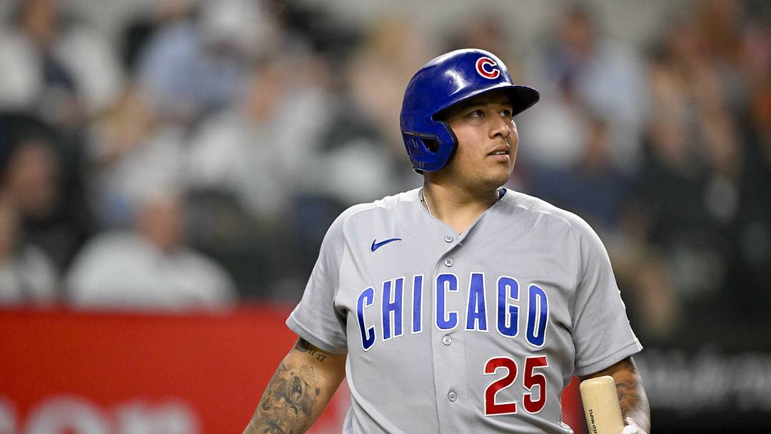 May 9, 2026; Arlington, Texas, USA; Chicago Cubs catcher Moises Ballesteros (25) bats against the Texas Rangers during the game at Globe Life Field. 