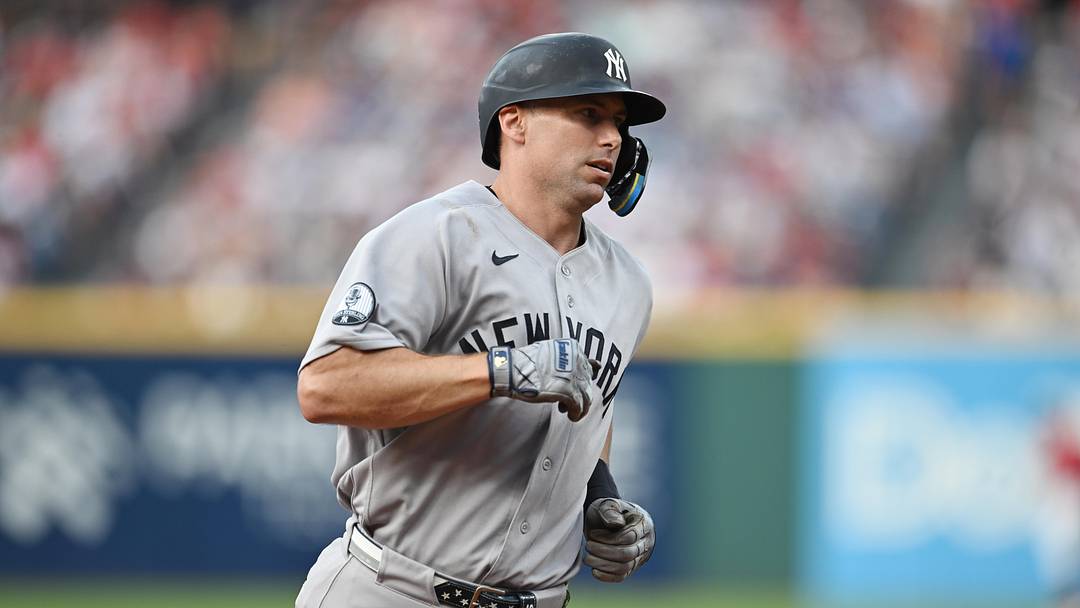 Jun 8, 2026; Cleveland, Ohio, USA; New York Yankees designated hitter Paul Goldschmidt (48) rounds the bases after hitting a home run during the first inning against the Cleveland Guardians at Progressive Field. Mandatory Credit: Ken Blaze-Imagn Images