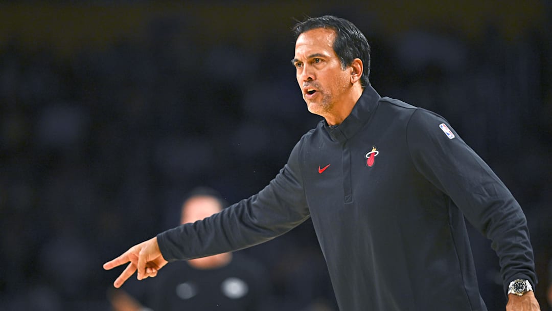 Nov 2, 2025; Los Angeles, California, USA; Miami Heat Head Coach Erik Spoelstra reacts during the game against the Los Angeles Lakers during the first half at Crypto.com Arena. Mandatory Credit: Jonathan Hui-Imagn Images