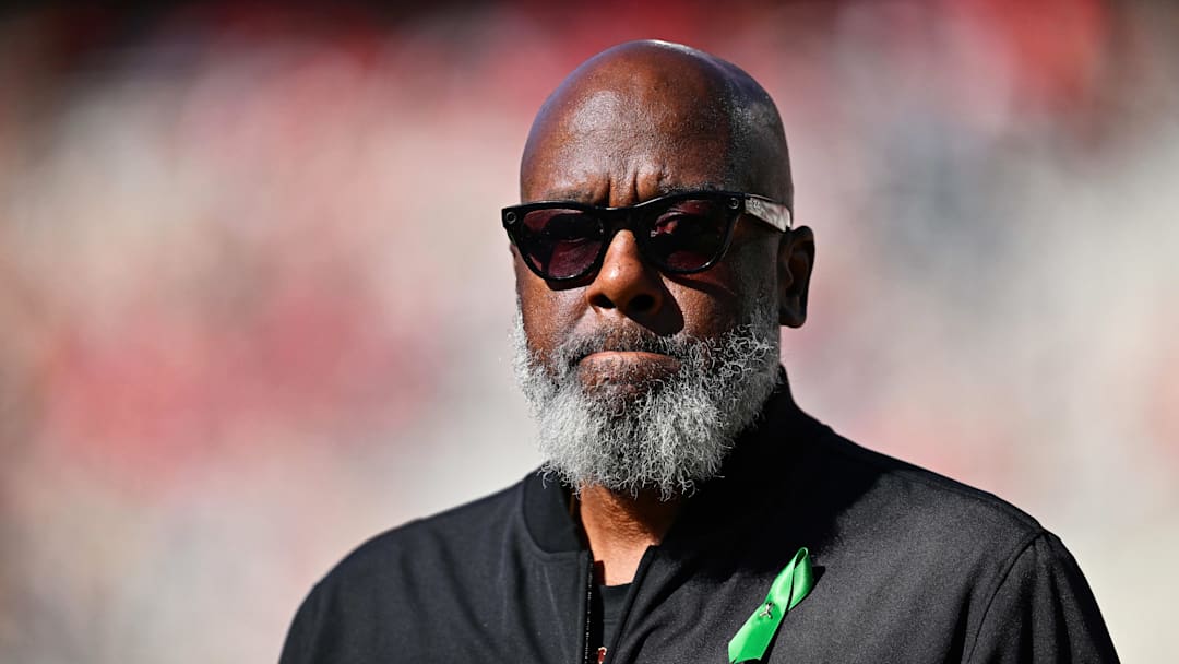 Oct 4, 2025; College Park, Maryland, USA;  Maryland Terrapins head coach Michael Locksley watches his team warm up before a game against the Washington Huskies at SECU Stadium. Credit: Jamie Sabau-Imagn Images