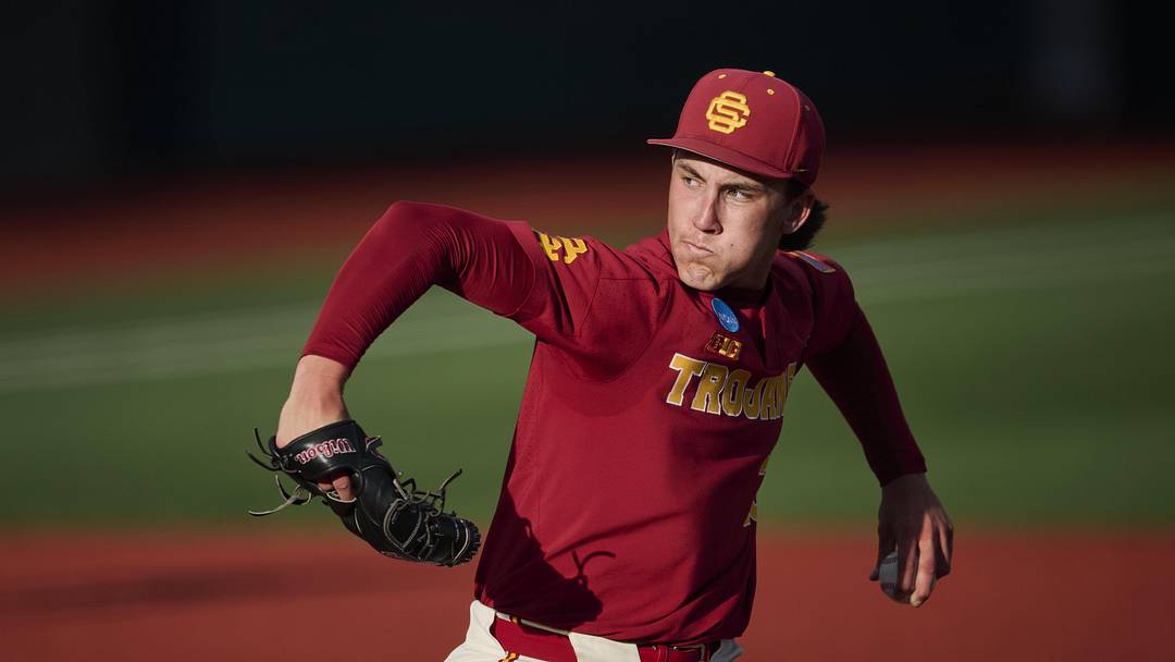 May 31, 2025; Corvallis, OR, USA; USC pitcher Mason Edwards (30) throws the ball during the fourth inning against Saint Mary's at the NCAA Corvallis Regional at Goss Stadium. Mandatory Credit: Troy Wayrynen-Imagn Images