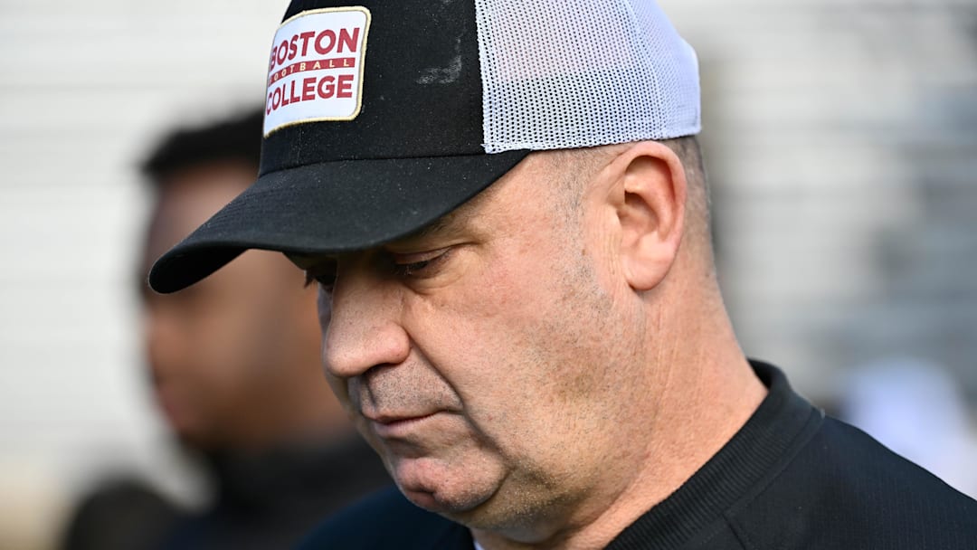 Nov 8, 2025; Chestnut Hill, Massachusetts, USA; Boston College Eagles head coach Bill O'Brien walks on to the field for warms up before a game against the Southern Methodist University Mustangs at Alumni Stadium. Mandatory Credit: Eric Canha-Imagn Images