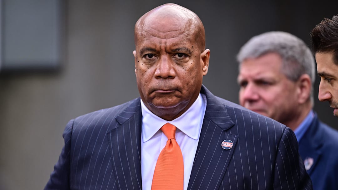 Nov 17, 2024; Chicago, Illinois, USA; Chicago Bears president Kevin Warren looks on against the Green Bay Packers during the second quarter at Soldier Field. Mandatory Credit: Daniel Bartel-Imagn Images