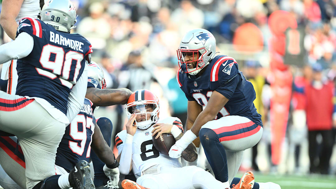 Oct 26, 2025; Foxborough, Massachusetts, USA;  Cleveland Browns quarterback Dillon Gabriel (8) is sacked during the fourth quarter against the New England Patriots at Gillette Stadium. Mandatory Credit: Brian Fluharty-Imagn Images