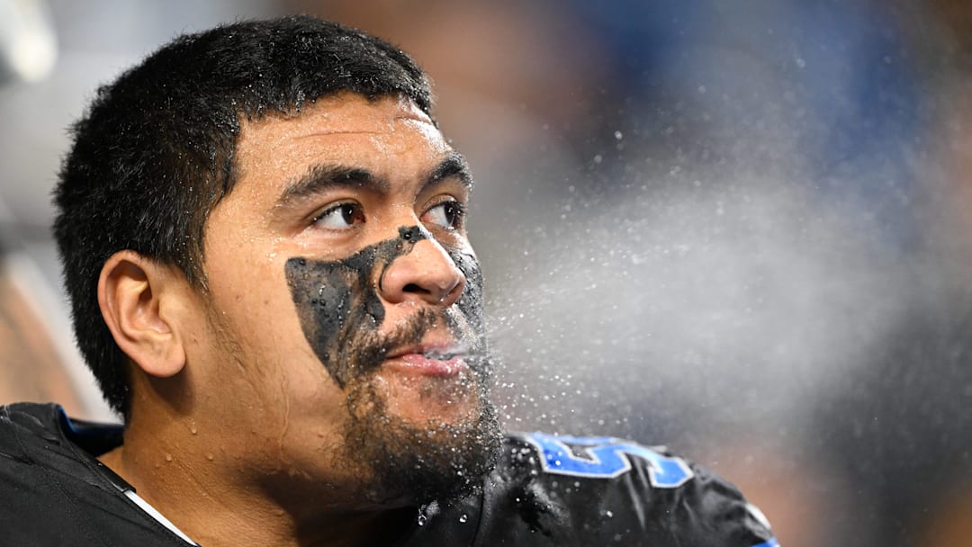 Nov 23, 2025; Detroit, Michigan, USA; Detroit Lions tackle Penei Sewell (58) looks on during warm ups prior to the game against the New York Giants at Ford Field. Mandatory Credit: Lon Horwedel-Imagn Images