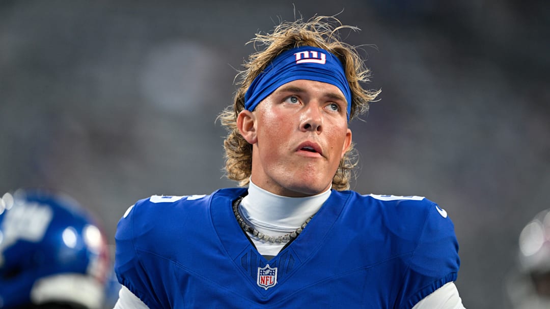 New York Giants quarterback Jaxson Dart (6) warms up before the game against the New England Patriots at MetLife Stadium.  