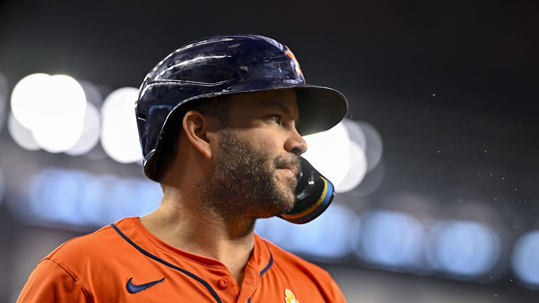 Sep 7, 2025; Arlington, Texas, USA; Houston Astros designated hitter Jose Altuve (27) walks to the on-deck circle during the game between the Texas Rangers and the Houston Astros at Globe Life Field. Mandatory Credit: Jerome Miron-Imagn Images