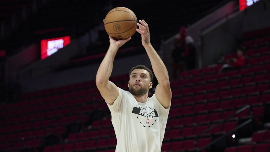 Apr 12, 2026; Portland, Oregon, USA; Sacramento Kings guard Zach LaVine (8) warms up before a game against the Portland Trail Blazers at Moda Center. Mandatory Credit: Troy Wayrynen-Imagn Images