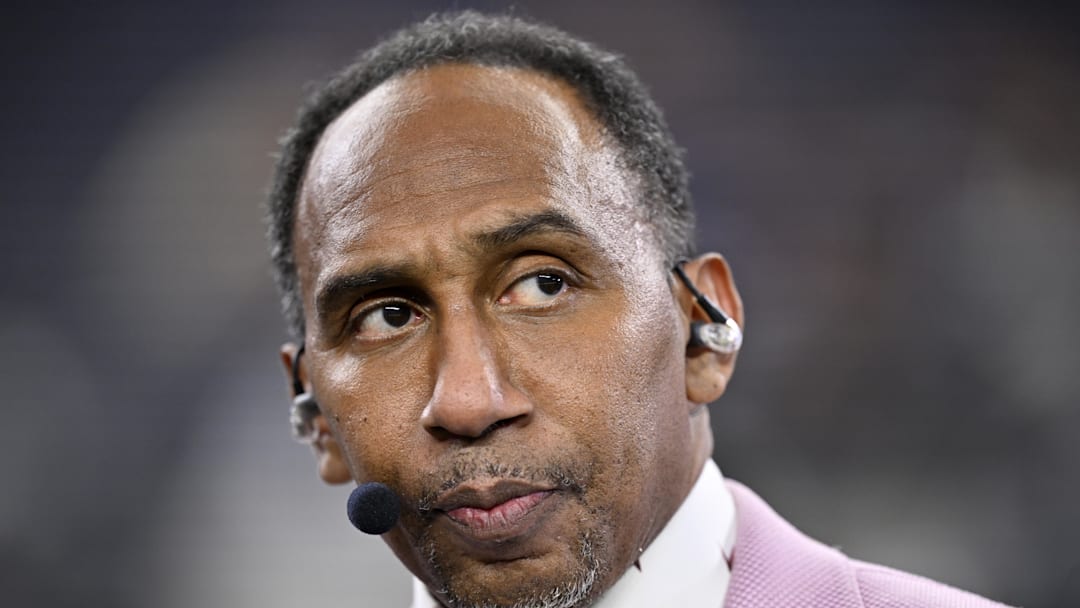 Nov 3, 2025; Arlington, Texas, USA; ESPN commentator Stephen A. Smith looks on before the game between the Dallas Cowboys and the Arizona Cardinals at AT&T Stadium. Mandatory Credit: Jerome Miron-Imagn Images