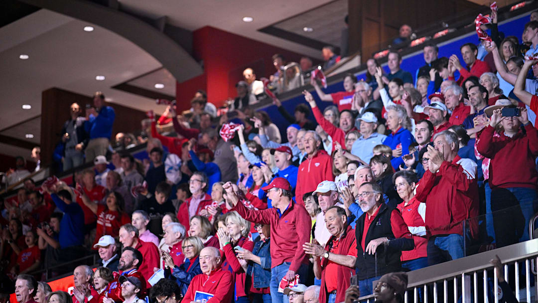 The SMU Mustangs fans celebrate. Mandatory Credit: Jerome Miron-Imagn Images