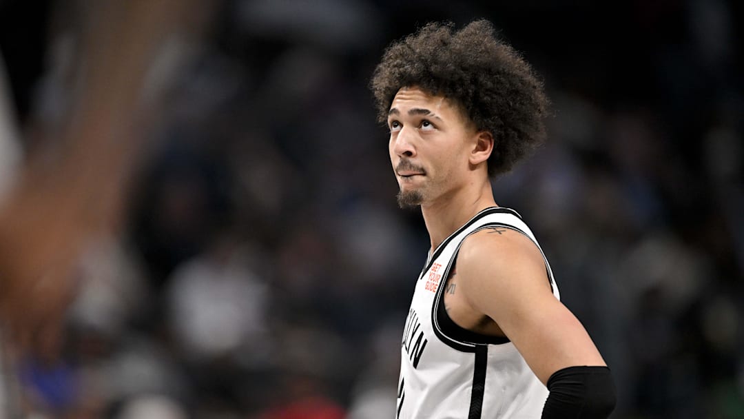 Mar 31, 2025; Dallas, Texas, USA; Brooklyn Nets forward Jalen Wilson (22) in action during the game between the Dallas Mavericks and the Brooklyn Nets at the American Airlines Center. Mandatory Credit: Jerome Miron-Imagn Images