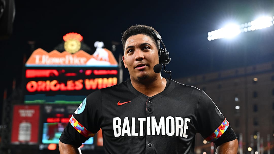Sep 5, 2025; Baltimore, Maryland, USA;  Baltimore Orioles catcher Samuel Basallo (29) is interviewed after hitting a walk off home run during the ninth inning against the Los Angeles Dodgers at Oriole Park at Camden Yards. Mandatory Credit: James A. Pittman-Imagn Images