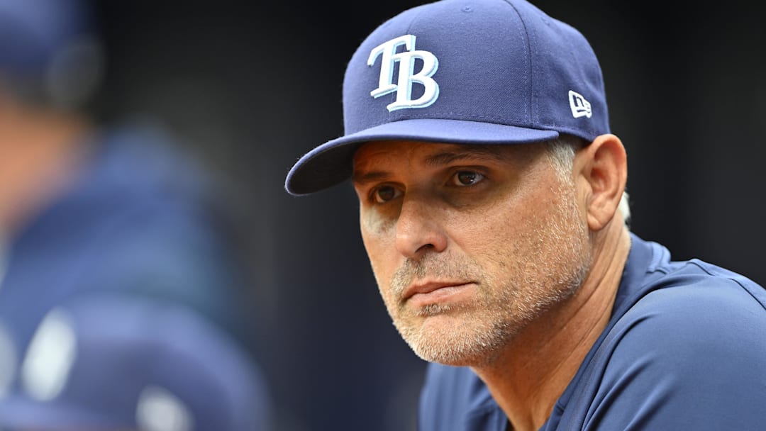 May 3, 2026; St. Petersburg, Florida, USA; Tampa Bay Rays manager Kevin Cash (16) looks on the field during the first inning against San Francisco Giants at Tropicana Field.