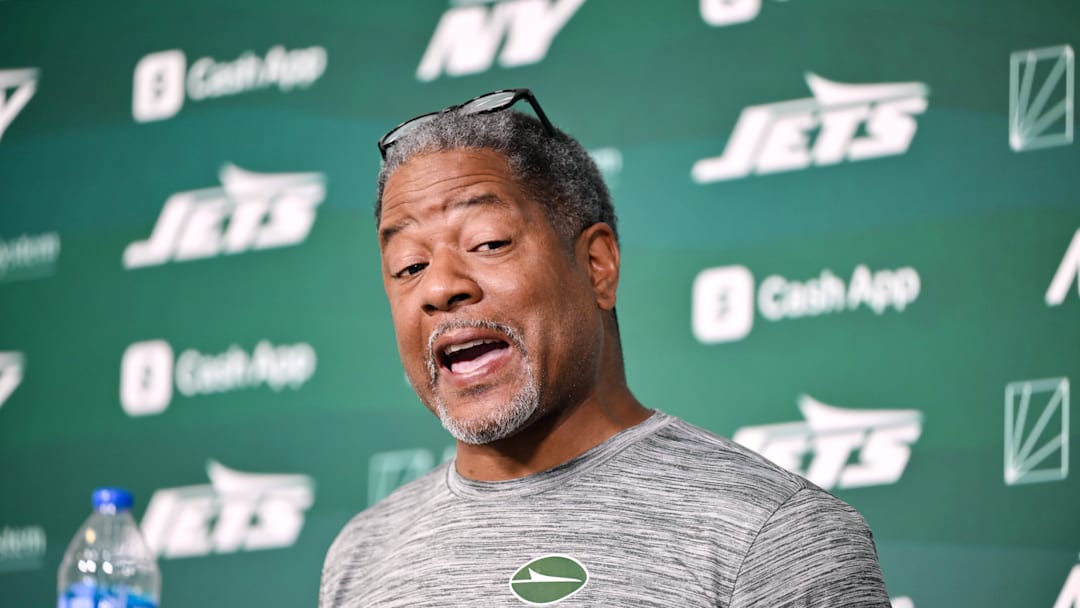 Jun 11, 2025; Florham Park, NY, USA; New York Jets defensive coordinator Steve Wilks speaks at a press conference during minicamp at Atlantic Health Jets Training Center. Mandatory Credit: John Jones-Imagn Images