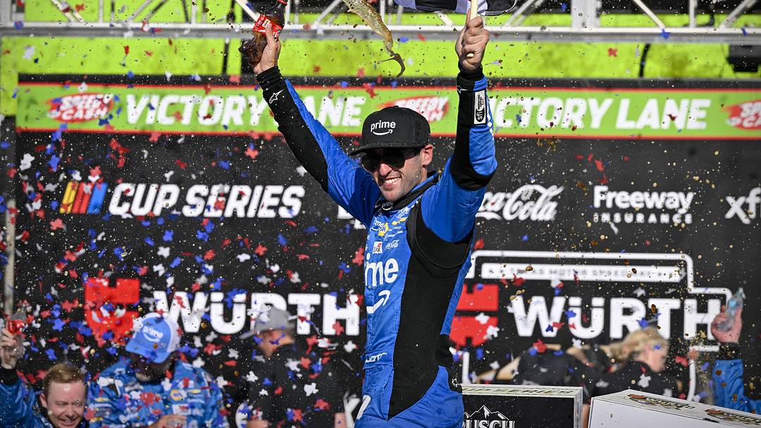 May 3, 2026; Fort Worth, Texas, USA; Hendrick Motorsports driver Chase Elliott (9) celebrates in victory lane after he wins the 2026 Wurth 400 cup race at Texas Motor Speedway.