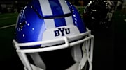 Jul 13, 2023; Arlington, TX, USA; A view of the BYU Cougars helmet and logo during the Big 12 football media day at AT&T Stadium. Mandatory Credit: Jerome Miron-Imagn Images