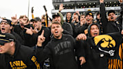 Oct 25, 2025; Iowa City, Iowa, USA; Iowa Hawkeyes fans react after the game against the Minnesota Golden Gophers at Kinnick Stadium. Mandatory Credit: Jeffrey Becker-Imagn Images