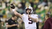 Nov 14, 2025; Eugene, Oregon, USA; Minnesota Golden Gophers quarterback Drake Lindsey (5) warms up before a game against the Oregon Ducks at Autzen Stadium. Mandatory Credit: Troy Wayrynen-Imagn Images