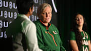Oct 7, 2025; Charlotte, NC, USA; Miami head coach Tricia Cullop answers questions from the media at The Hilton Charlotte Uptown. Mandatory Credit: William Howard-Imagn Images