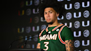 Oct 8, 2025; Charlotte, NC, USA; Miami player Tre Donaldson answers questions from the media at The Hilton Charlotte Uptown. Mandatory Credit: William Howard-Imagn Images