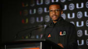 Oct 8, 2025; Charlotte, NC, USA; Miami head coach Jai Lucas answers questions from the media at The Hilton Charlotte Uptown. Mandatory Credit: William Howard-Imagn Images