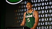 Oct 8, 2025; Charlotte, NC, USA; Miami player Malik Reneau answers questions from the media at The Hilton Charlotte Uptown. Mandatory Credit: William Howard-Imagn Images
