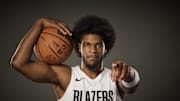 Sep 29, 2025; Portland, OR, USA; Portland Trail Blazers guard Scoot Henderson (00) during media day at the Moda Center. Mandatory Credit: Troy Wayrynen-Imagn Images