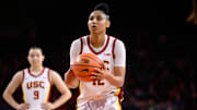 Feb 8, 2025; Los Angeles, California, USA; USC Trojans guard JuJu Watkins (12) shoots a free throw during the fourth quarter against the Ohio State Buckeyes at Galen Center. Mandatory Credit: Robert Hanashiro-Imagn Images
