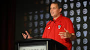 Oct 8, 2025; Charlotte, NC, USA; NC State head coach Will Wade answers questions from the media at The Hilton Charlotte Uptown. Mandatory Credit: William Howard-Imagn Images