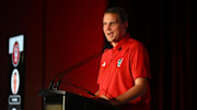 Oct 8, 2025; Charlotte, NC, USA; NC State head coach Will Wade answers questions from the media at The Hilton Charlotte Uptown. Mandatory Credit: William Howard-Imagn Images