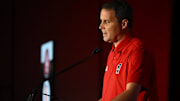 Oct 8, 2025; Charlotte, NC, USA; NC State head coach Will Wade answers questions from the media at The Hilton Charlotte Uptown. Mandatory Credit: William Howard-Imagn Images