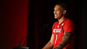 Oct 8, 2025; Charlotte, NC, USA; NC State player Darrion Williams answers questions from the media at The Hilton Charlotte Uptown. Mandatory Credit: William Howard-Imagn Images