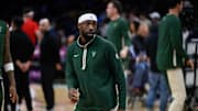 Apr 2, 2024; Washington, District of Columbia, USA; Milwaukee Bucks guard Patrick Beverley (21) warms up before the game between the Washington Wizards and the Milwaukee Bucks at Capital One Arena. Mandatory Credit: Reggie Hildred-Imagn Images
