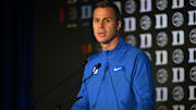 Oct 8, 2025; Charlotte, NC, USA; Duke head coach Jon Scheyer answers questions from the media at The Hilton Charlotte Uptown. Mandatory Credit: William Howard-Imagn Images