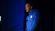 Oct 8, 2025; Charlotte, NC, USA; Duke player Maliq Brown answers questions from the media at The Hilton Charlotte Uptown. Mandatory Credit: William Howard-Imagn Images