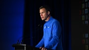 Oct 8, 2025; Charlotte, NC, USA; Duke head coach Jon Scheyer answers questions from the media at The Hilton Charlotte Uptown. Mandatory Credit: William Howard-Imagn Images
