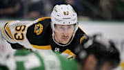 Nov 14, 2024; Dallas, Texas, USA; Boston Bruins left wing Brad Marchand (63) in action during the game between the Dallas Stars and the Boston Bruins at the American Airlines Center. Mandatory Credit: Jerome Miron-Imagn Images